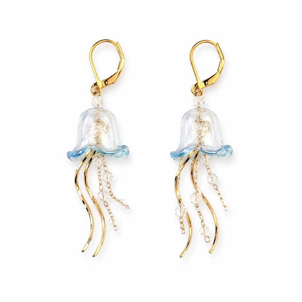 Iridescent Jellyfish Drop Earrings Gold Tone Lever Back Blue‎ Coastal 3"